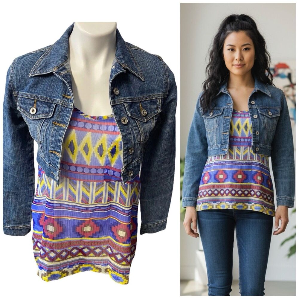 Umgee Top Womens Sz Small Lot Cropped Denim Jacket Southwest Blue Purple Beach